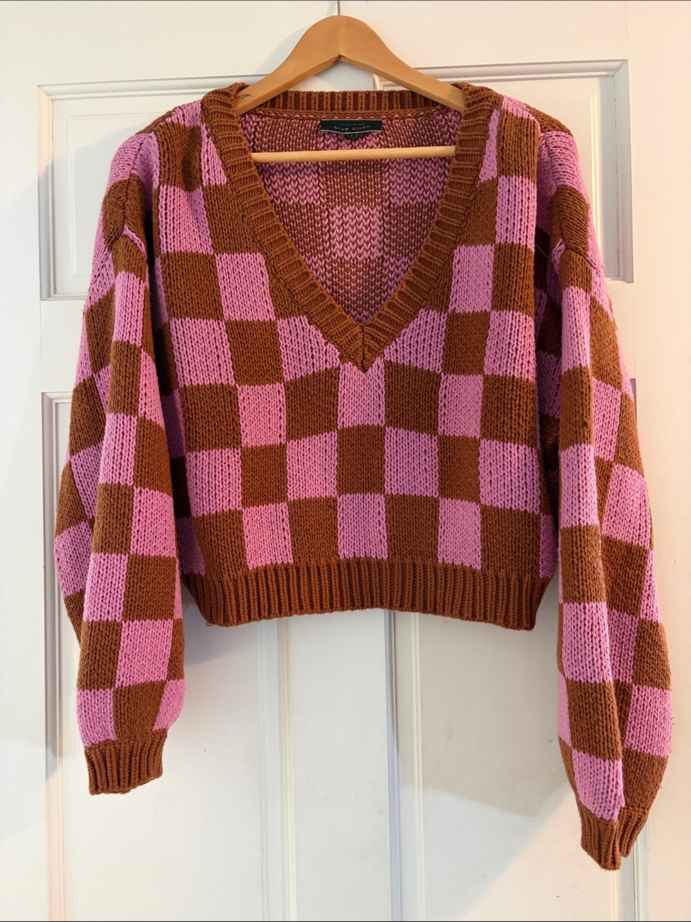 Blue Blush - Checkerboard V-Neck Sweater in Pink and Brown - Women